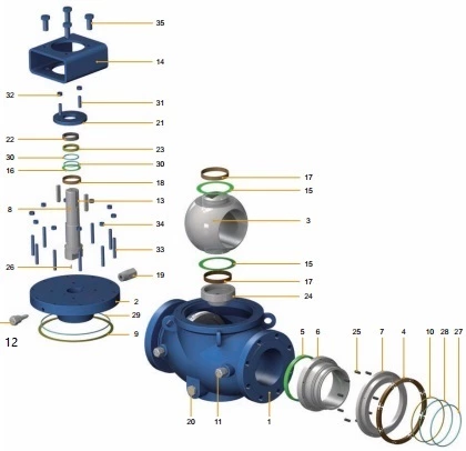 top entry trunnion ball valve 3d explosive view